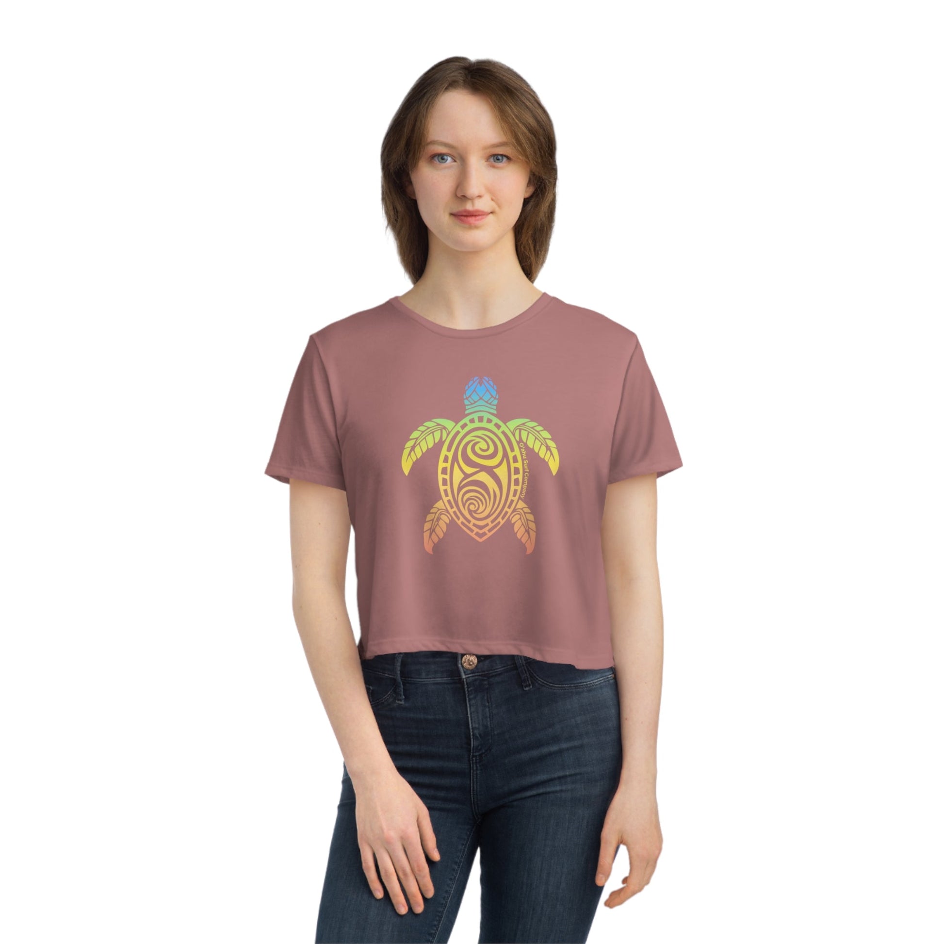 Rainbow Honu Green Sea Turtle Women's Flowy Cropped Tee - O'ahu Surf Company