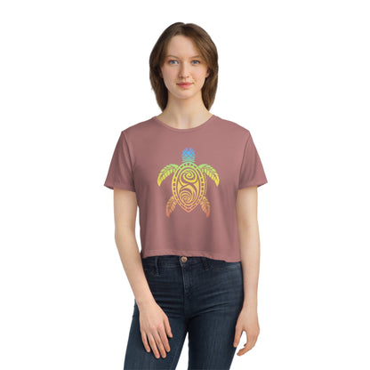 Rainbow Honu Green Sea Turtle Women's Flowy Cropped Tee - O'ahu Surf Company