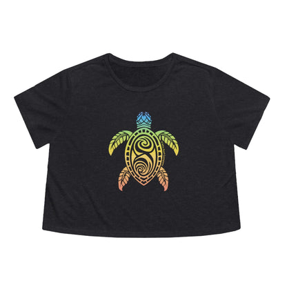 Rainbow Honu Green Sea Turtle Women's Flowy Cropped Tee - O'ahu Surf Company