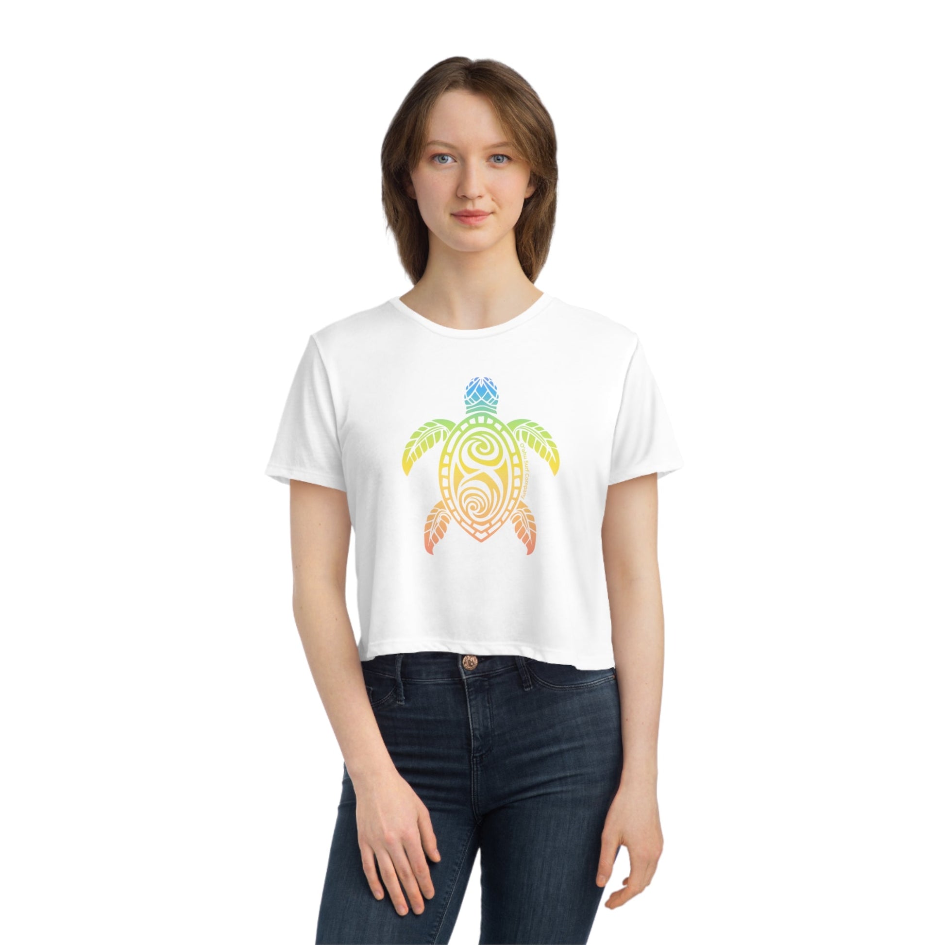 Rainbow Honu Green Sea Turtle Women's Flowy Cropped Tee - O'ahu Surf Company