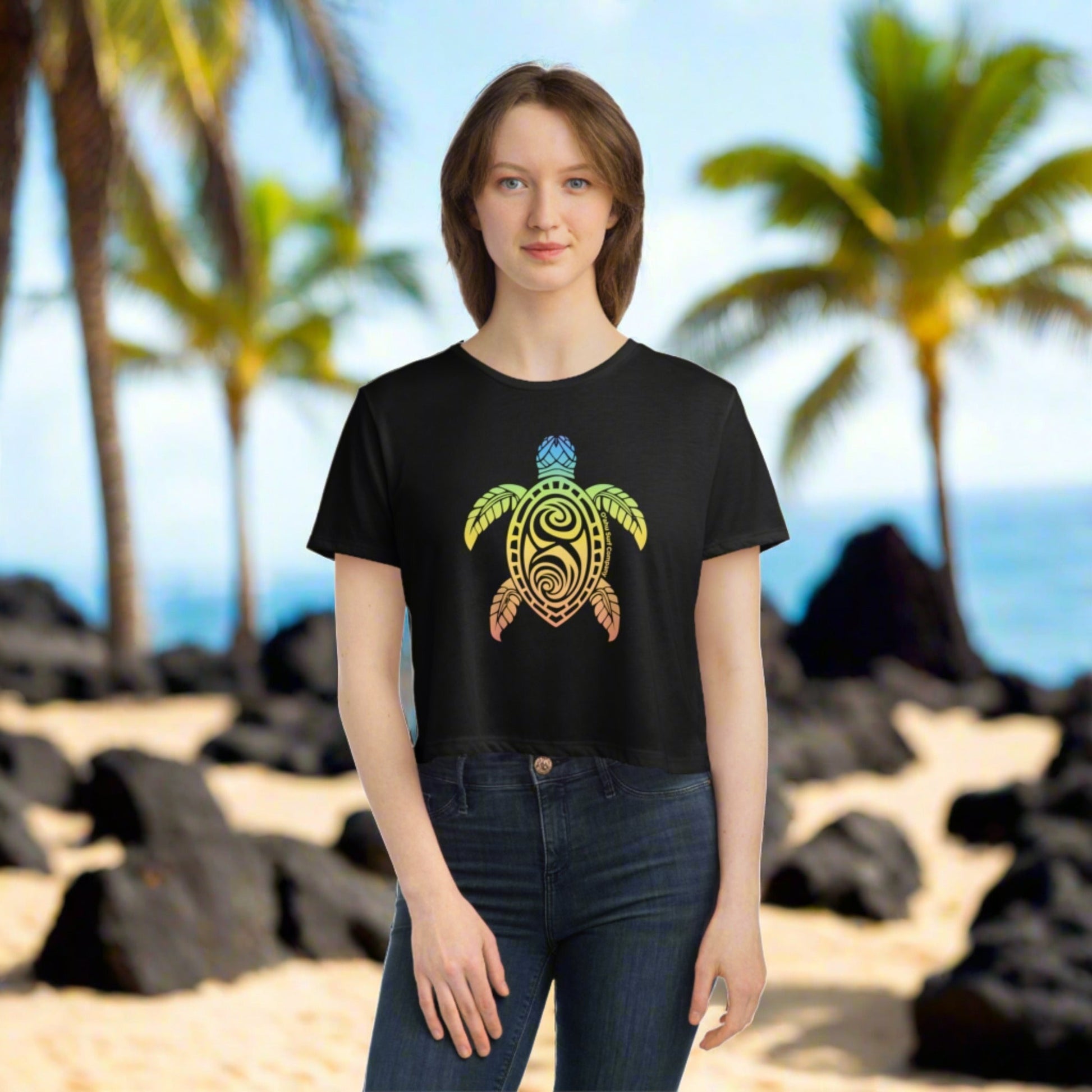Rainbow Honu Green Sea Turtle Women's Flowy Cropped Tee - O'ahu Surf Company
