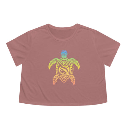Rainbow Honu Green Sea Turtle Women's Flowy Cropped Tee - O'ahu Surf Company