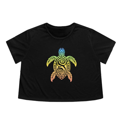 Rainbow Honu Green Sea Turtle Women's Flowy Cropped Tee - O'ahu Surf Company