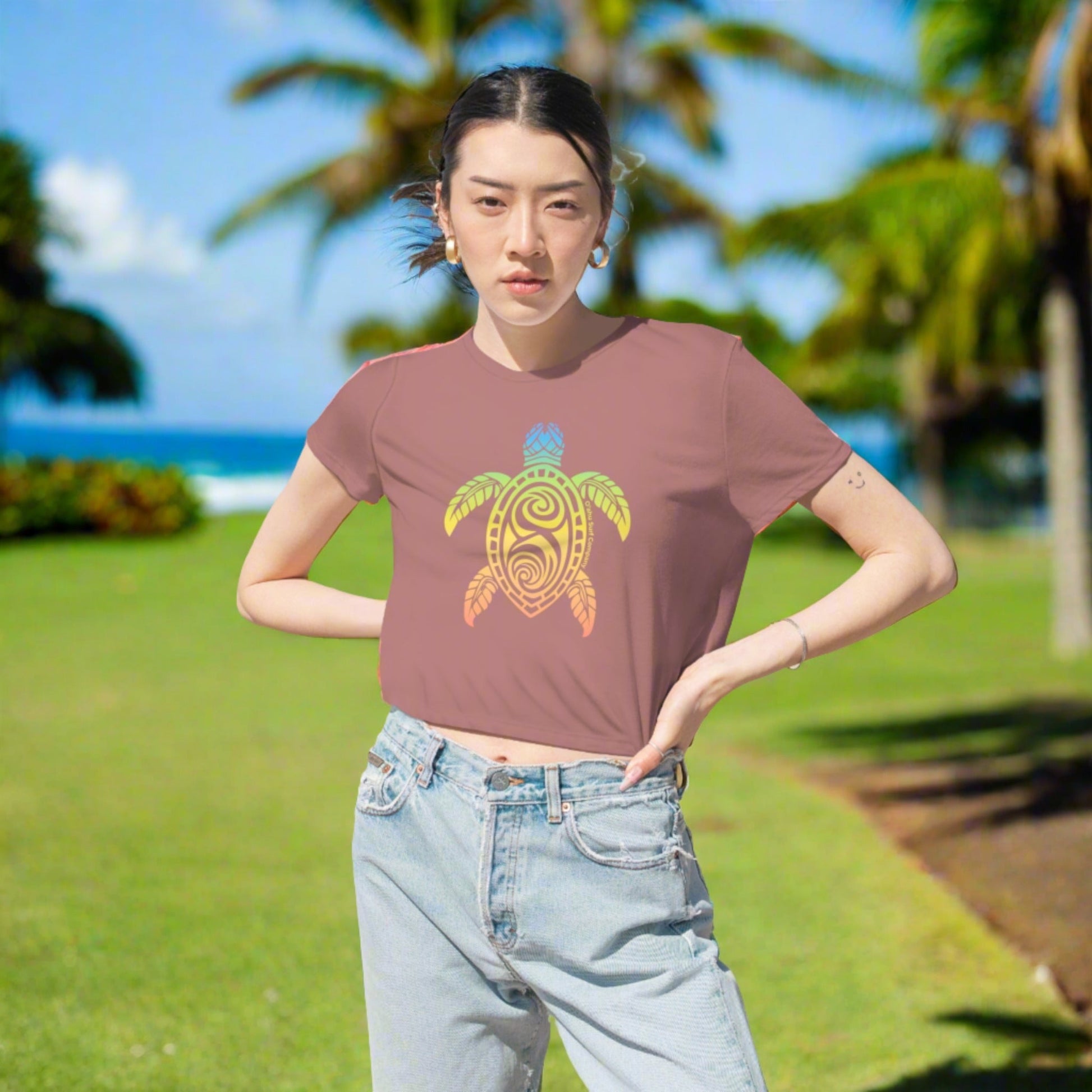 Rainbow Honu Green Sea Turtle Women's Flowy Cropped Tee - O'ahu Surf Company