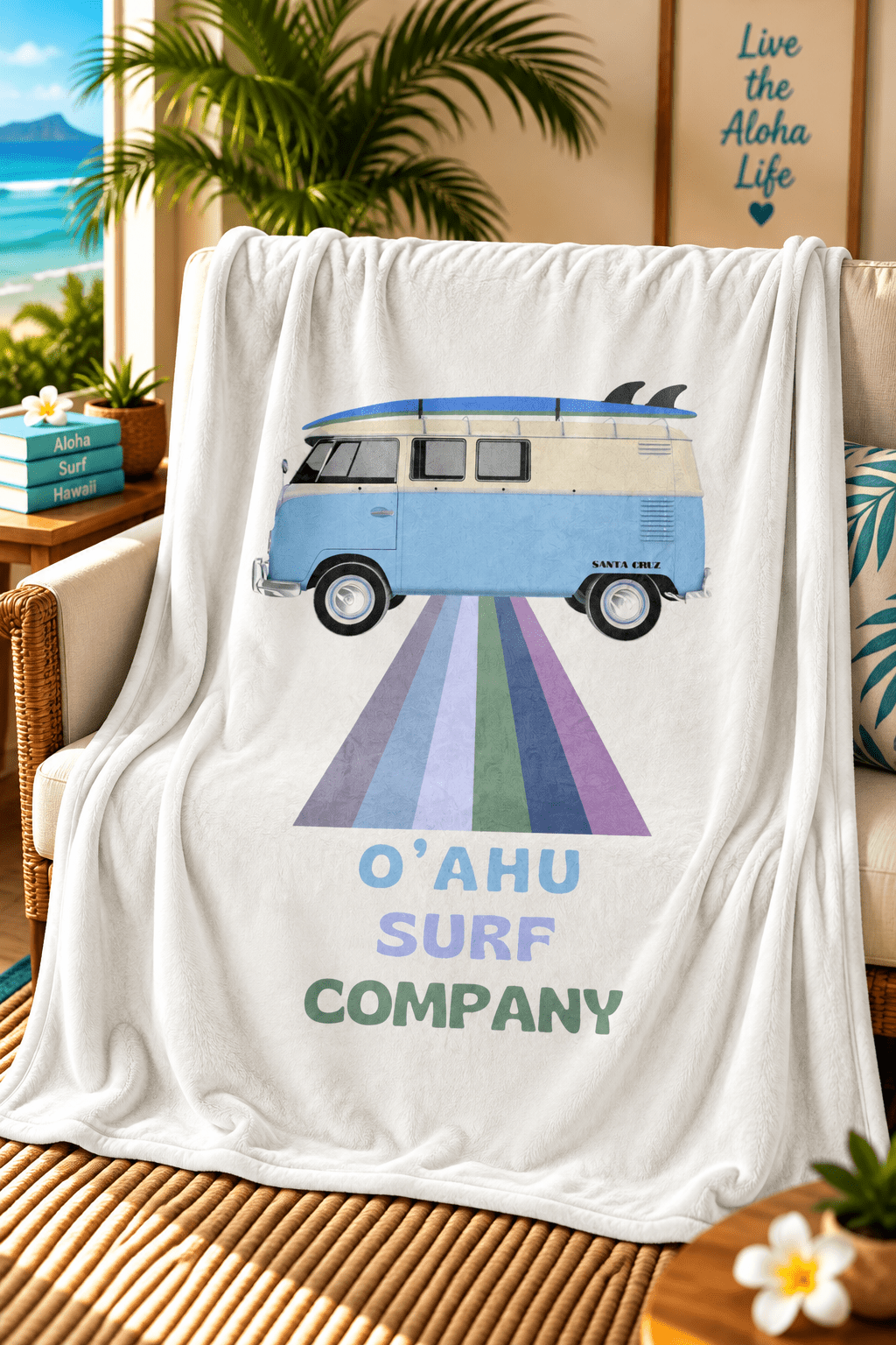 Retro Vintage Hawaii Surf Bus Throw Blanket - O'ahu Surf Company