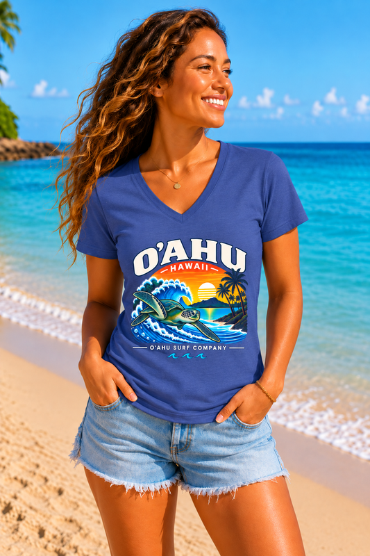 Women’s Oahu Hawaii Surfing Turtle V-Neck Tee Shirt - O'ahu Surf Company