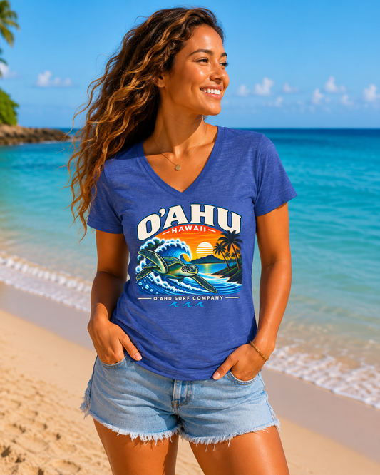 Women’s Oahu Hawaii Surfing Turtle V-Neck Tee Shirt - O'ahu Surf Company