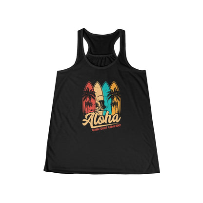 Oahu Hawaii Aloha Surfboard Flowy Racerback Women's Tank Black. Oahu Hawaii surf tank. Womens surf tank top.