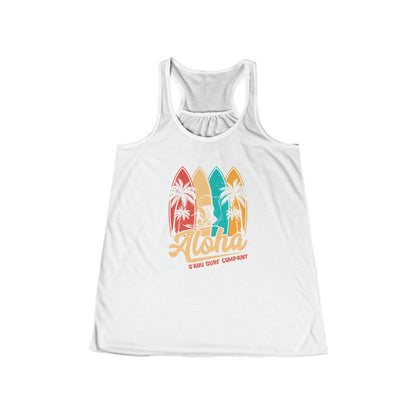 Oahu Hawaii Aloha Surfboard Flowy Racerback Women's Tank White. Oahu Hawaii surf tank. Womens surf tank top.