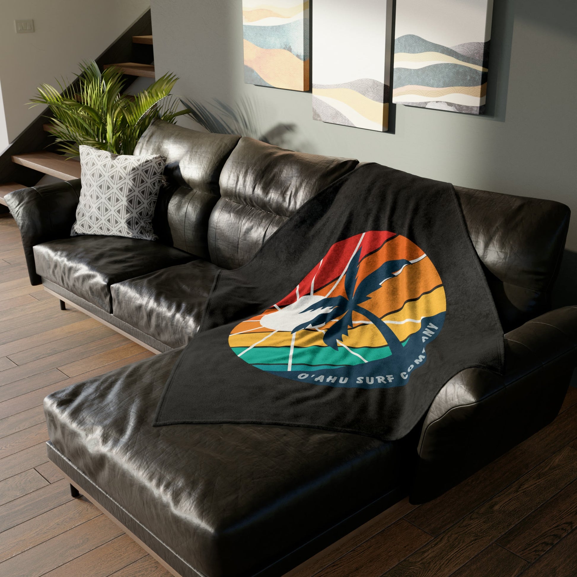 O'ahu Surf Company Island Throw Blanket. Black with rainbow colors Hawaii island tropical throw blanket.