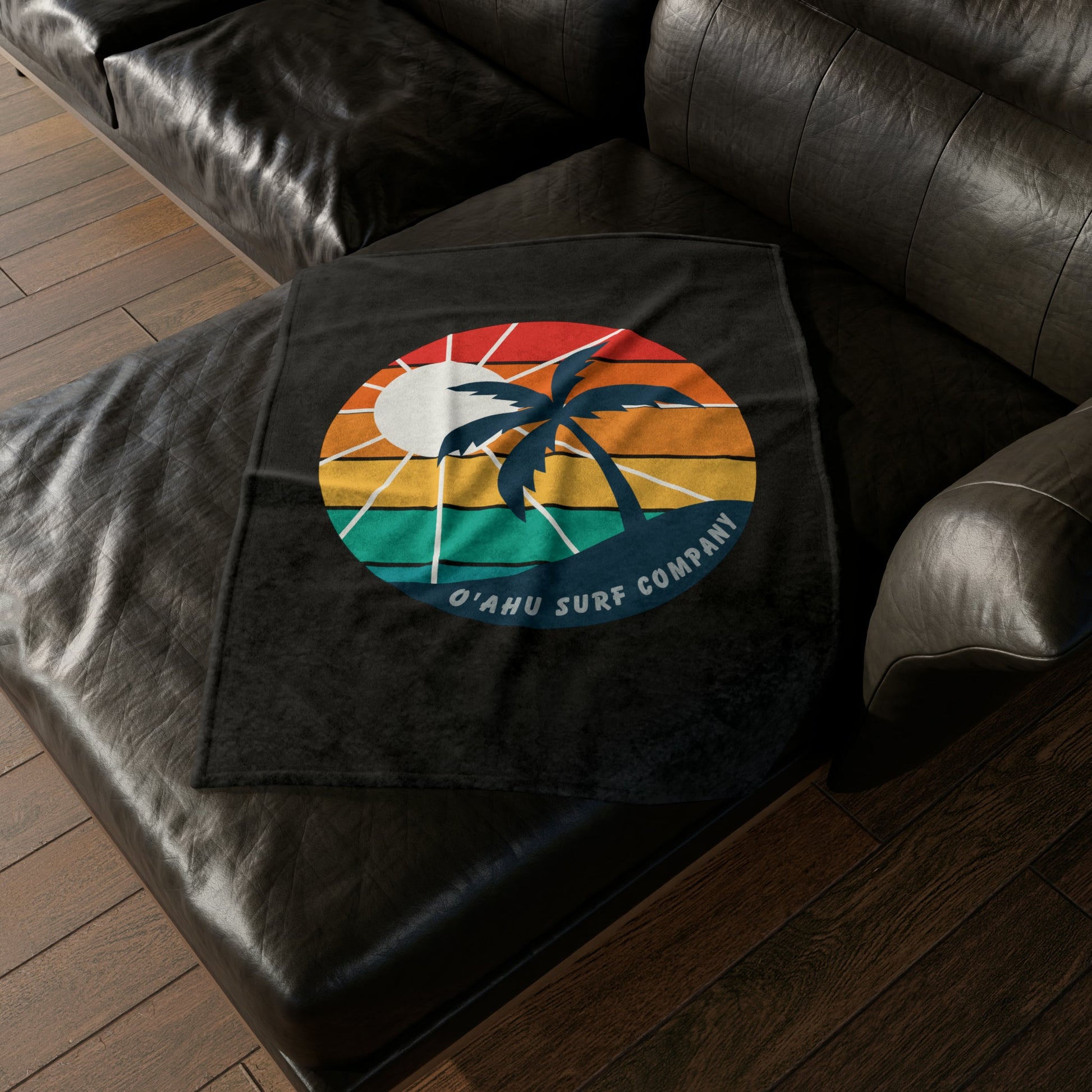 O'ahu Surf Company Island Throw Blanket. Black with rainbow colors Hawaii island tropical throw blanket.