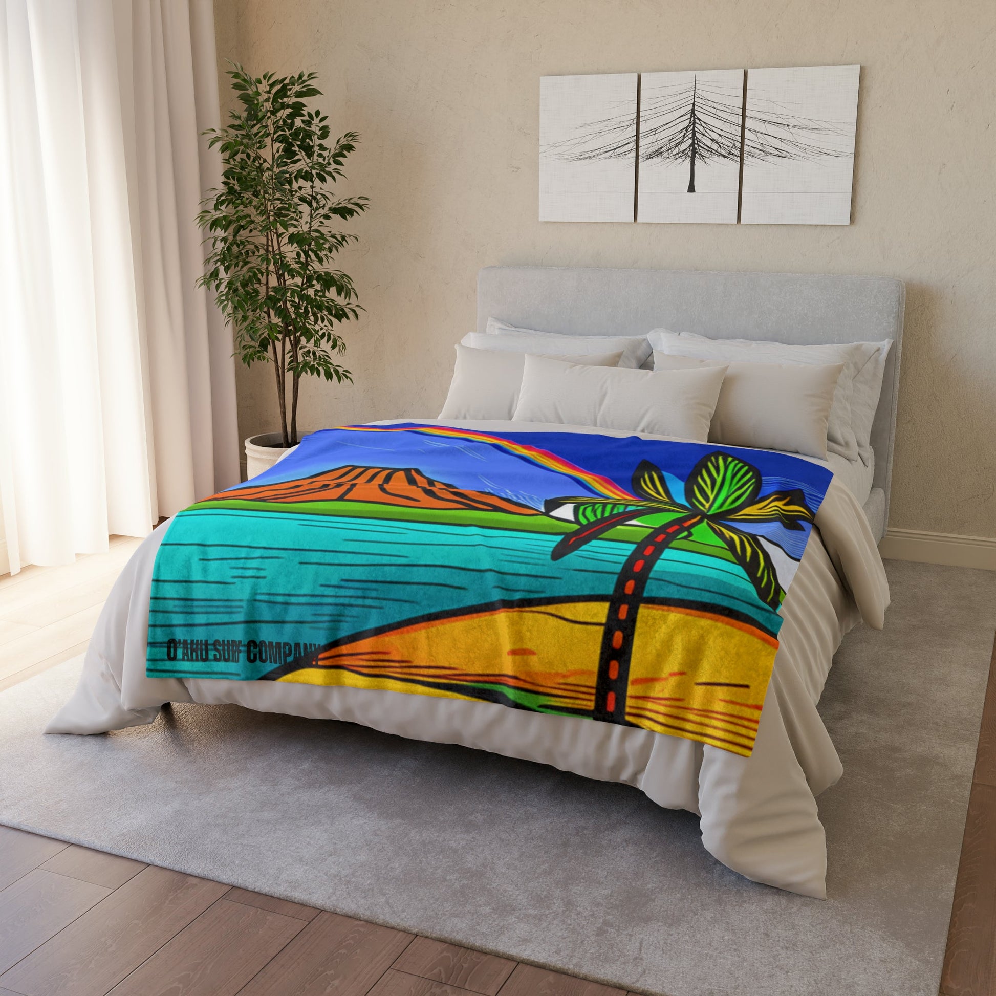O'ahu Surf Company Rainbow Crater Blanket. Oahu Hawaii Diamond Head Crater throw blanket. With a rainbow over the island.
