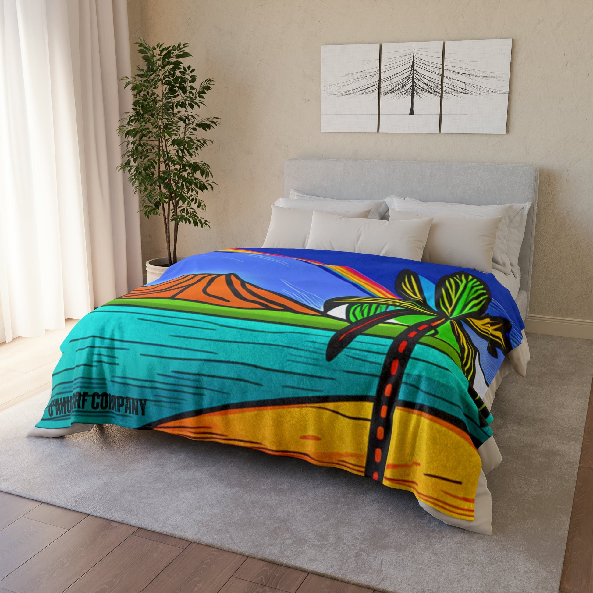 O'ahu Surf Company Rainbow Crater Blanket. Oahu Hawaii Diamond Head Crater throw blanket. With a rainbow over the island.