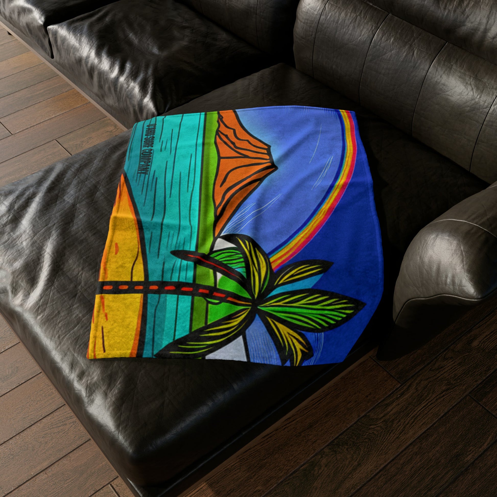 O'ahu Surf Company Rainbow Crater Blanket. Oahu Hawaii Diamond Head Crater throw blanket. With a rainbow over the island.