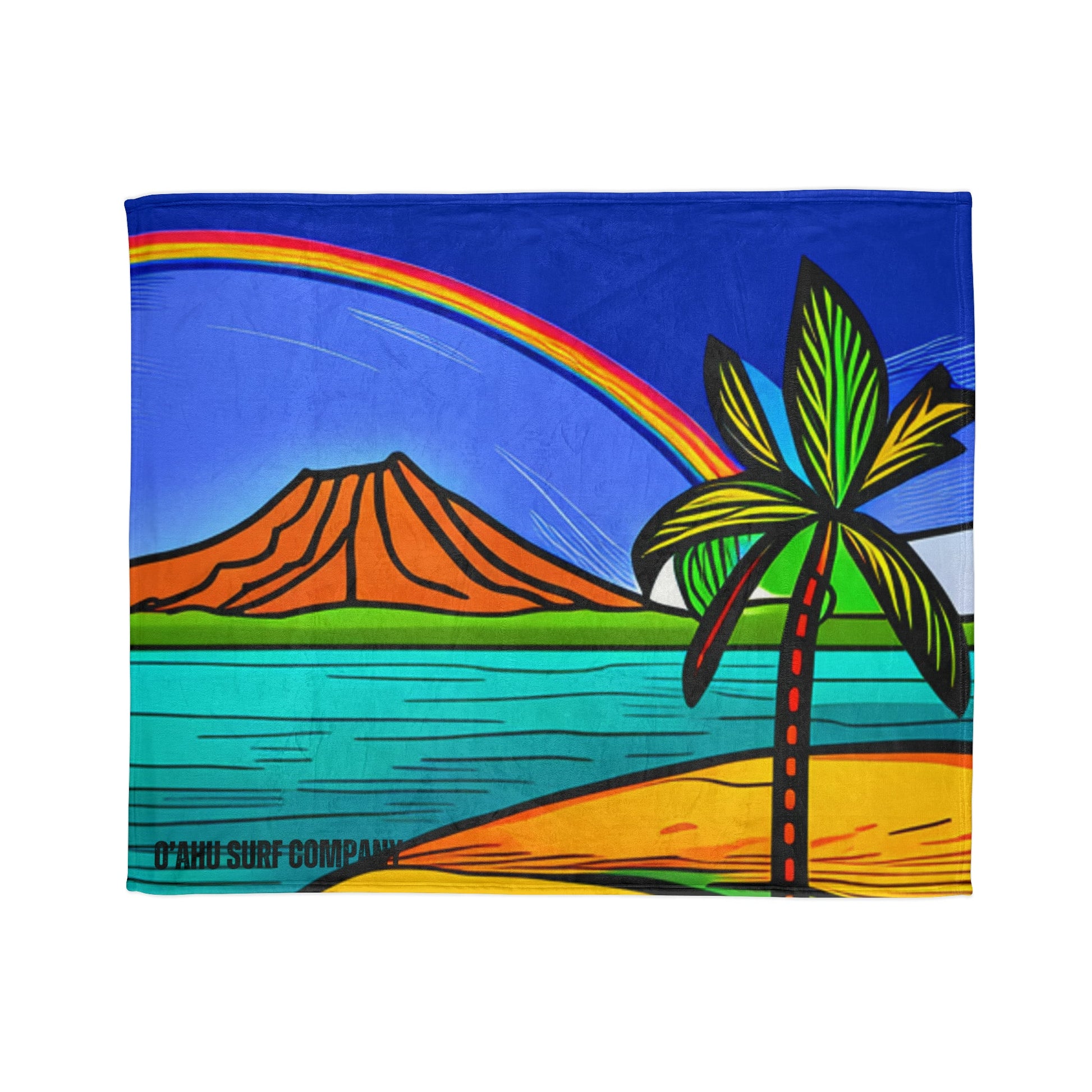 O'ahu Surf Company Rainbow Crater Blanket. Oahu Hawaii Diamond Head Crater throw blanket. With a rainbow over the island.