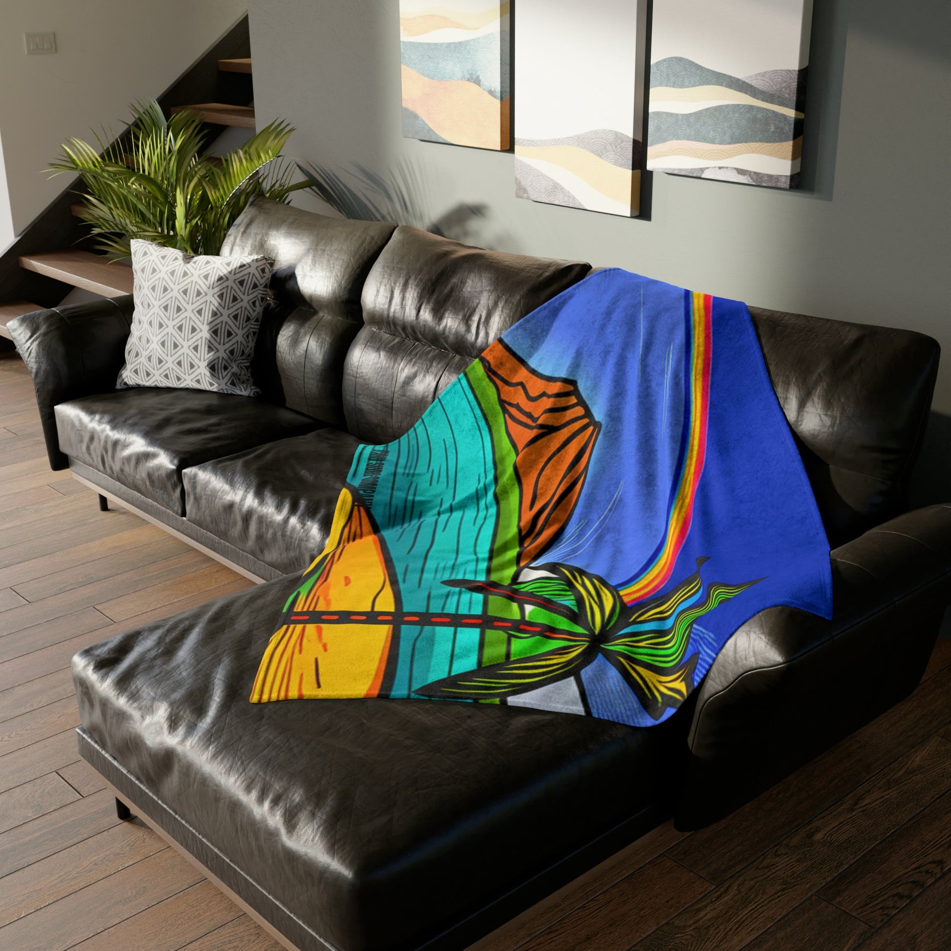 O'ahu Surf Company Rainbow Crater Blanket. Oahu Hawaii Diamond Head Crater throw blanket. With a rainbow over the island.