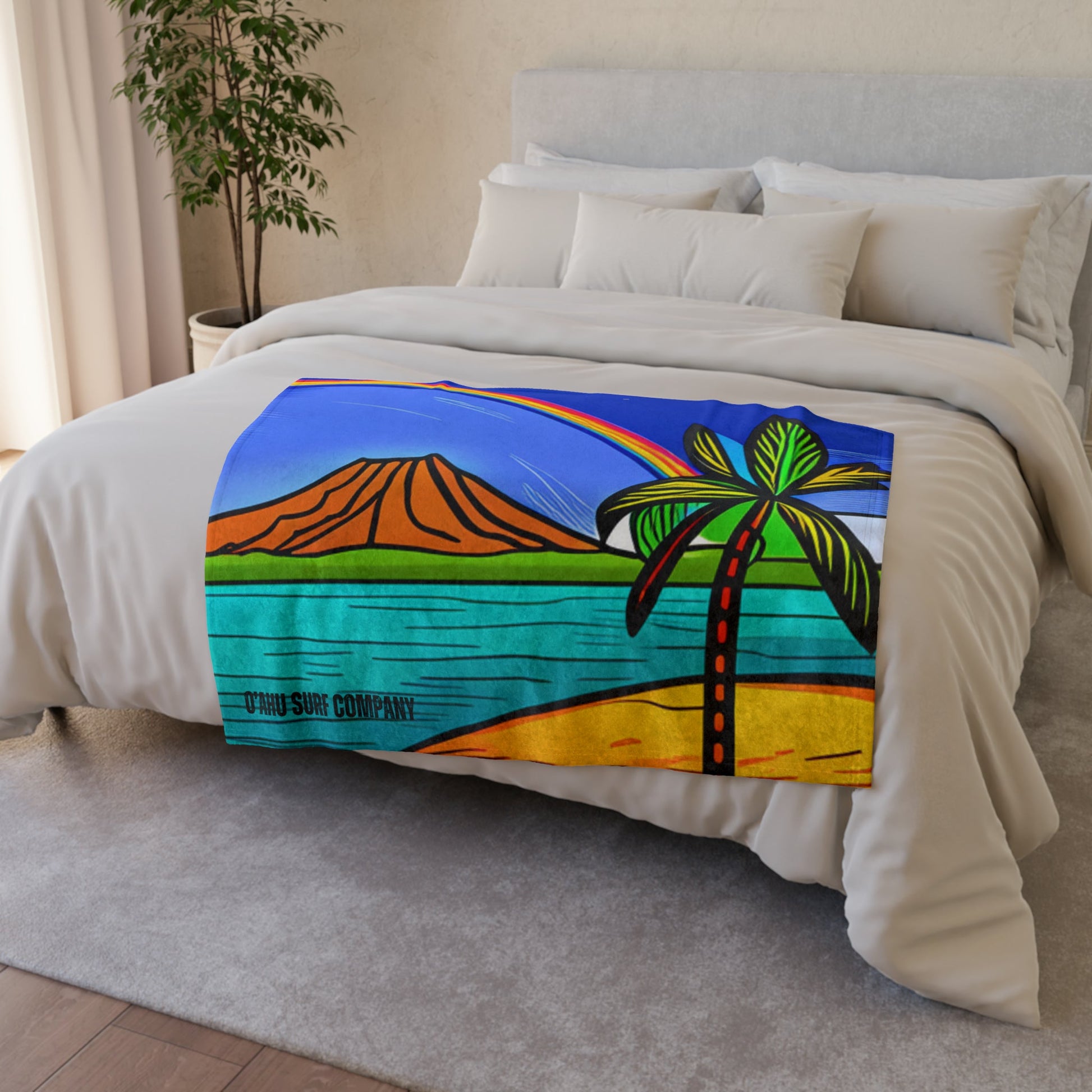 O'ahu Surf Company Rainbow Crater Blanket. Oahu Hawaii Diamond Head Crater throw blanket. With a rainbow over the island.